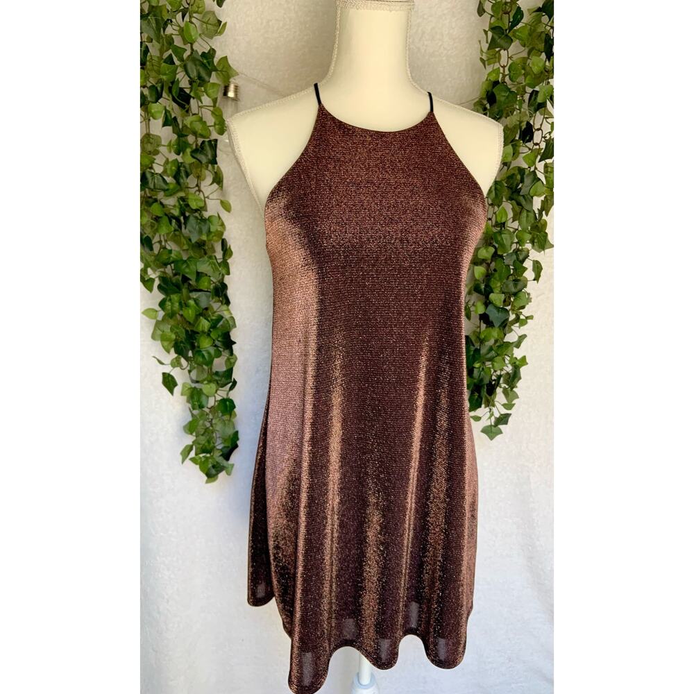 Maitai Brown Sparkly Metallic High Chest Mini Dress Women's size Small